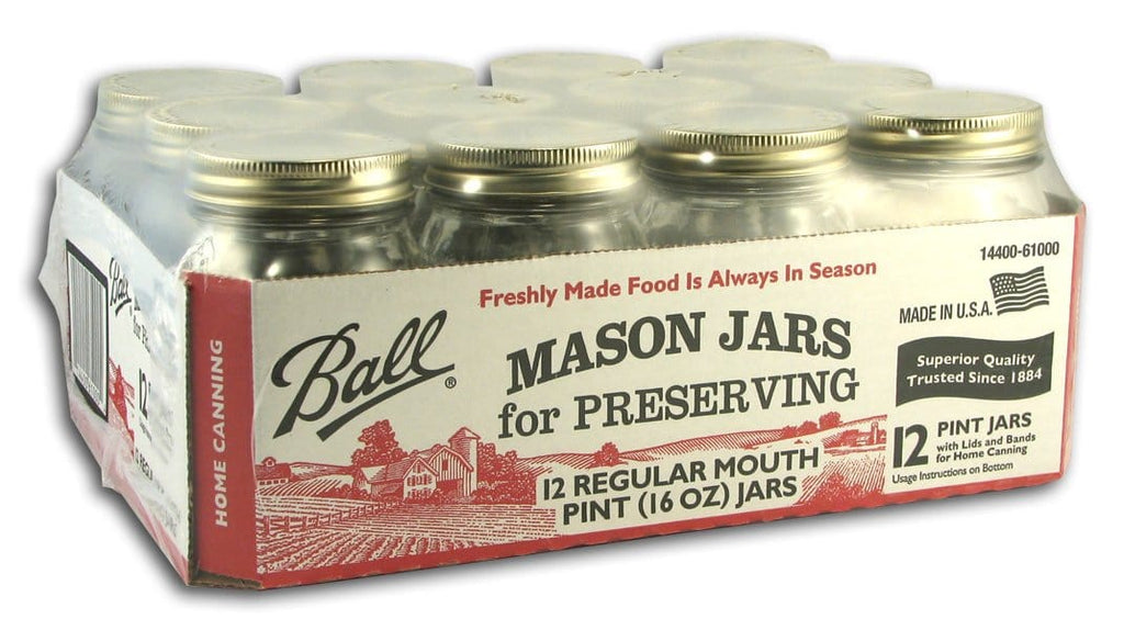 Ball 61000 Regular Mouth Mason Jars, 1 Pint (16 Oz), Box Of 12