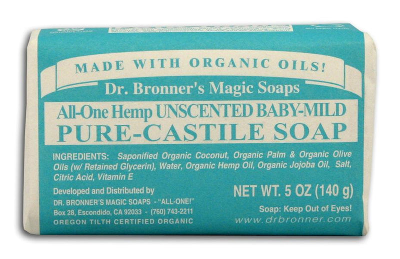 Dr. Bronner's All-One Hemp Baby Unscented Pure-Castile Bar Soap, 5