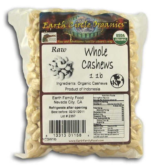 Earth Circle Organics Cashews Whole Truly Raw Organic - 36 x 8 ozs.